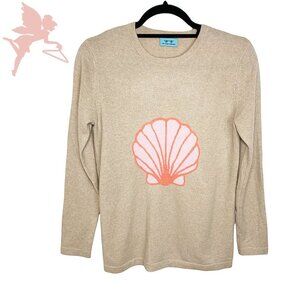 TWO BEES 100% Cashmere Intarsia Shell Design Crew Neck Sweater